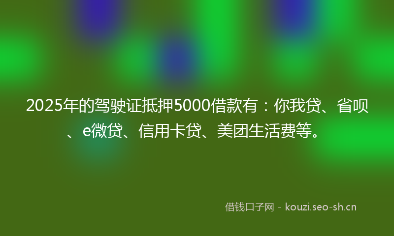 2025年的驾驶证抵押5000借款有：你我贷、省呗、e微贷、信用卡贷、美团生活费等。