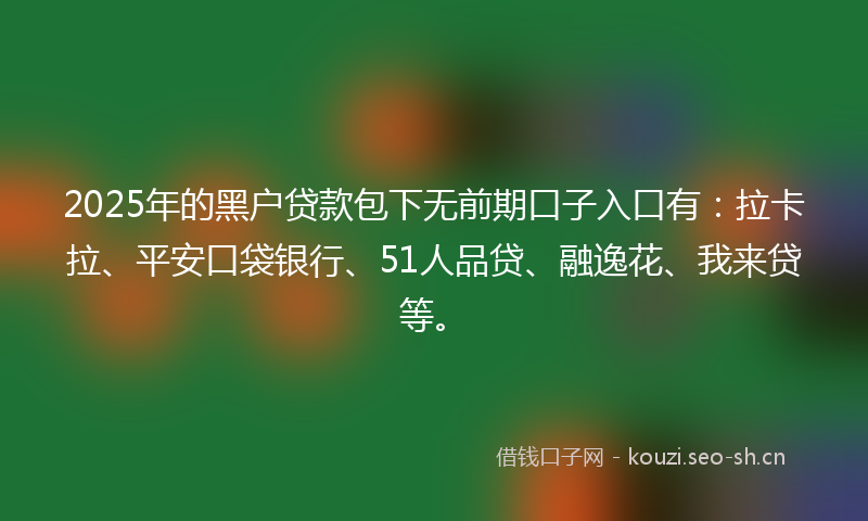 2025年的黑户贷款包下无前期口子入口有：拉卡拉、平安口袋银行、51人品贷、融逸花、我来贷等。