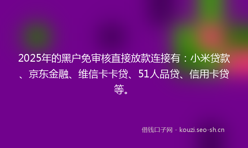2025年的黑户免审核直接放款连接有：小米贷款、京东金融、维信卡卡贷、51人品贷、信用卡贷等。