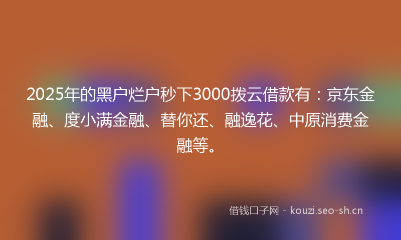 2025年的黑户烂户秒下3000拨云借款有：京东金融、度小满金融、替你还、融逸花、中原消费金融等。