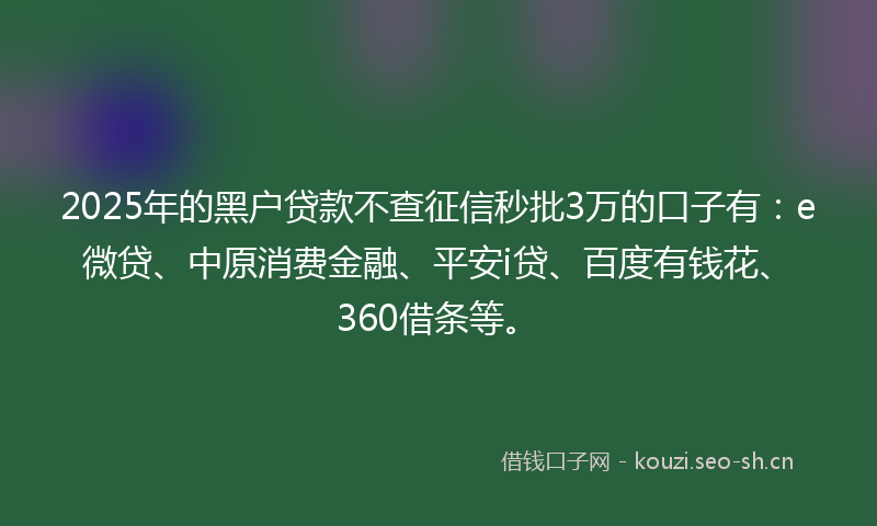 2025年的黑户贷款不查征信秒批3万的口子有：e微贷、中原消费金融、平安i贷、百度有钱花、360借条等。
