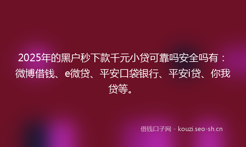 2025年的黑户秒下款千元小贷可靠吗安全吗有：微博借钱、e微贷、平安口袋银行、平安i贷、你我贷等。