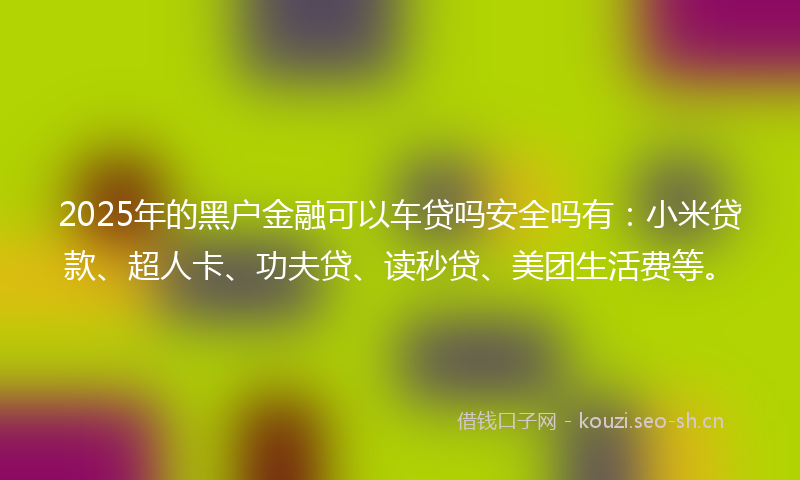 2025年的黑户金融可以车贷吗安全吗有：小米贷款、超人卡、功夫贷、读秒贷、美团生活费等。