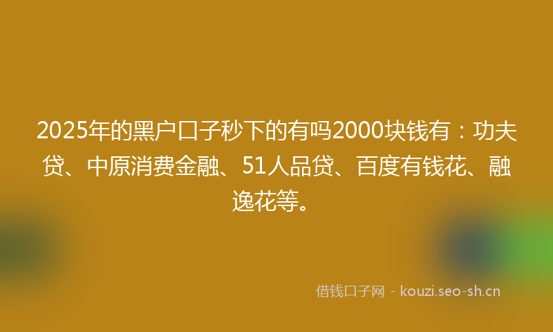 2025年的黑户口子秒下的有吗2000块钱有:功夫贷、中原消费金融、51人品贷、百度有钱花、融逸花等。