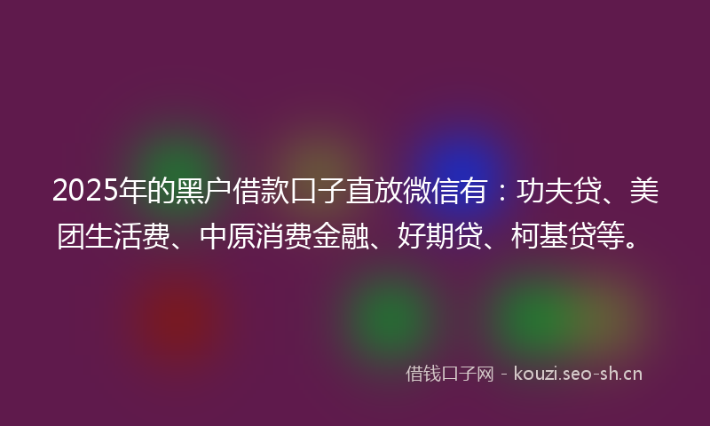 2025年的黑户借款口子直放微信有：功夫贷、美团生活费、中原消费金融、好期贷、柯基贷等。