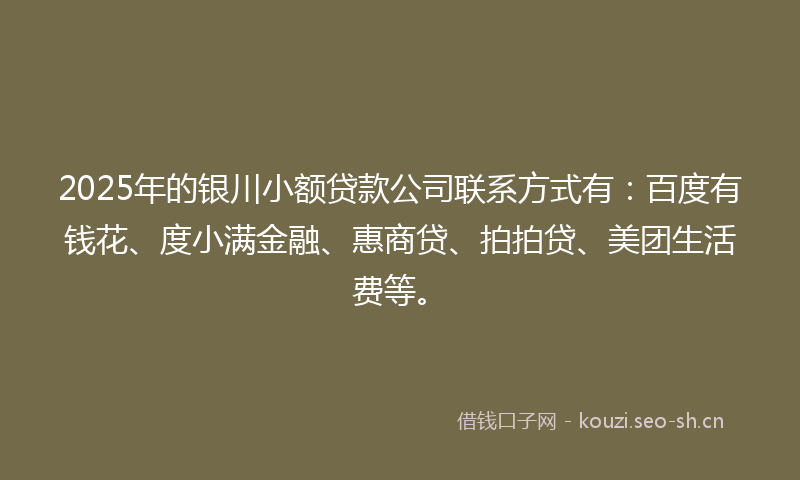 2025年的银川小额贷款公司联系方式有：百度有钱花、度小满金融、惠商贷、拍拍贷、美团生活费等。