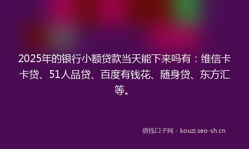 2025年的银行小额贷款当天能下来吗有：维信卡卡贷、51人品贷、百度有钱花、随身贷、东方汇等。