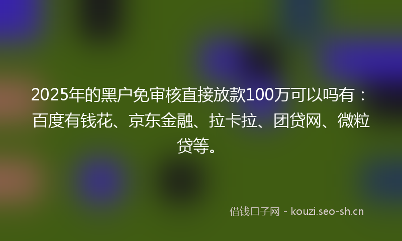 2025年的黑户免审核直接放款100万可以吗有：百度有钱花、京东金融、拉卡拉、团贷网、微粒贷等。