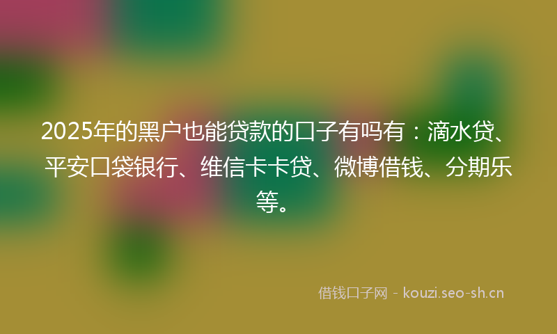 2025年的黑户也能贷款的口子有吗有:滴水贷、平安口袋银行、维信卡卡贷、微博借钱、分期乐等。