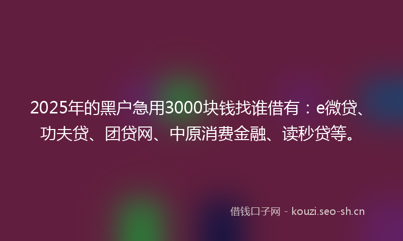 2025年的黑户急用3000块钱找谁借有:e微贷、功夫贷、团贷网、中原消费金融、读秒贷等。
