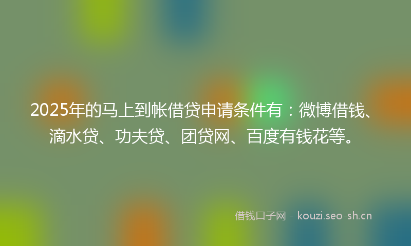 2025年的马上到帐借贷申请条件有：微博借钱、滴水贷、功夫贷、团贷网、百度有钱花等。
