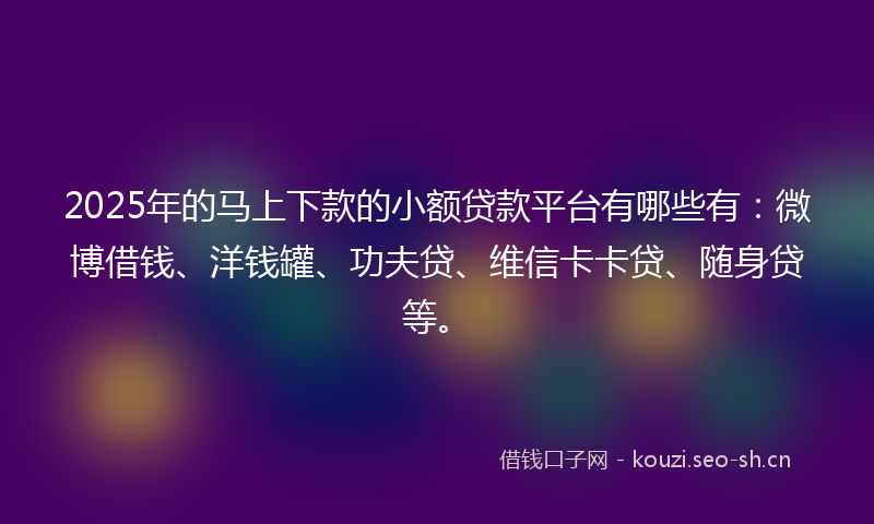 2025年的马上下款的小额贷款平台有哪些有：微博借钱、洋钱罐、功夫贷、维信卡卡贷、随身贷等。
