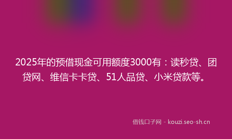 2025年的预借现金可用额度3000有：读秒贷、团贷网、维信卡卡贷、51人品贷、小米贷款等。