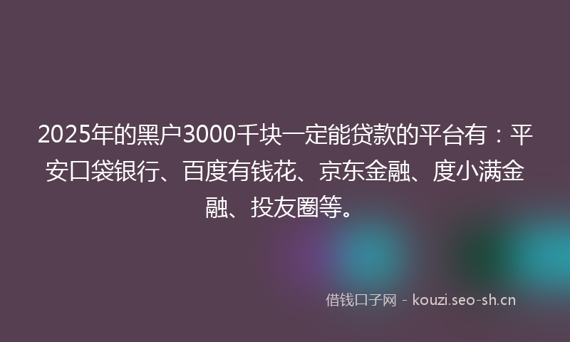 2025年的黑户3000千块一定能贷款的平台有：平安口袋银行、百度有钱花、京东金融、度小满金融、投友圈等。