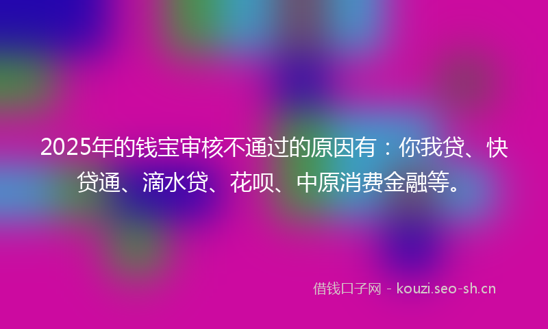 2025年的钱宝审核不通过的原因有：你我贷、快贷通、滴水贷、花呗、中原消费金融等。