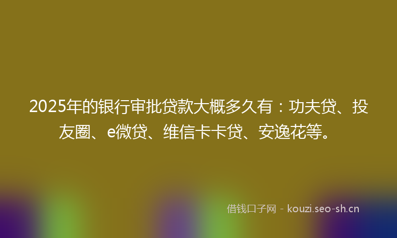 2025年的银行审批贷款大概多久有：功夫贷、投友圈、e微贷、维信卡卡贷、安逸花等。