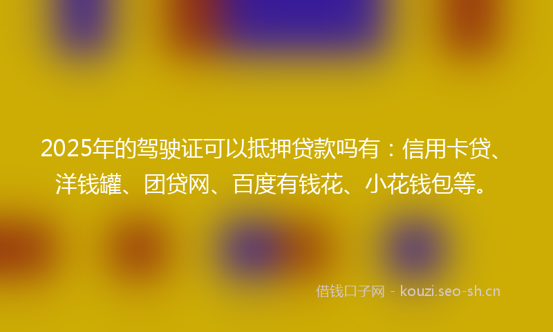 2025年的驾驶证可以抵押贷款吗有:信用卡贷、洋钱罐、团贷网、百度有钱花、小花钱包等。