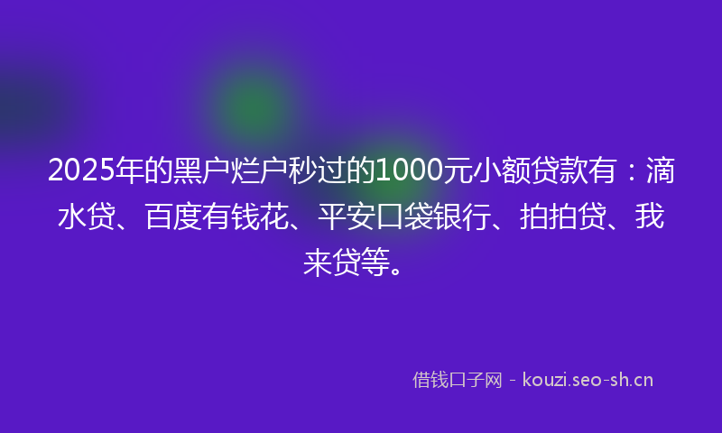 2025年的黑户烂户秒过的1000元小额贷款有：滴水贷、百度有钱花、平安口袋银行、拍拍贷、我来贷等。