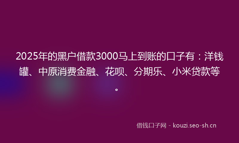 2025年的黑户借款3000马上到账的口子有：洋钱罐、中原消费金融、花呗、分期乐、小米贷款等。