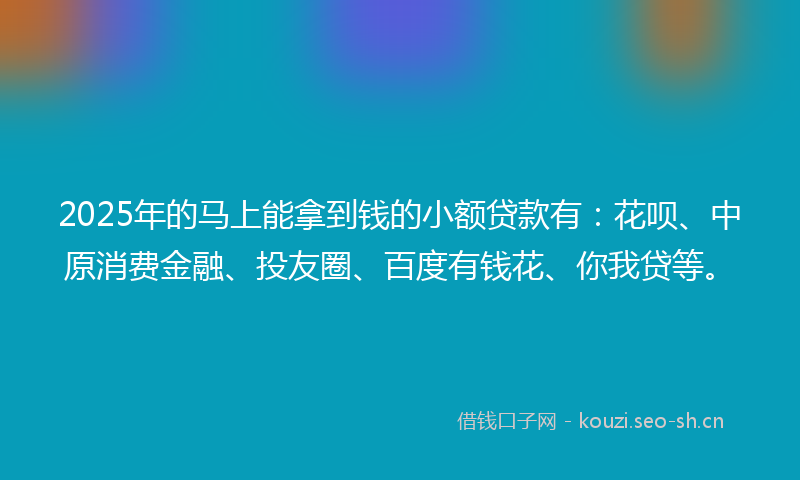 2025年的马上能拿到钱的小额贷款有：花呗、中原消费金融、投友圈、百度有钱花、你我贷等。