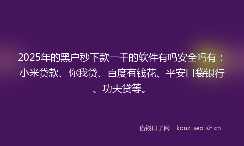 2025年的黑户秒下款一千的软件有吗安全吗有：小米贷款、你我贷、百度有钱花、平安口袋银行、功夫贷等。