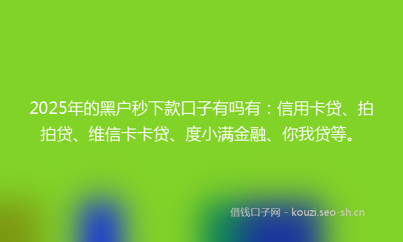 2025年的黑户秒下款口子有吗有:信用卡贷、拍拍贷、维信卡卡贷、度小满金融、你我贷等。