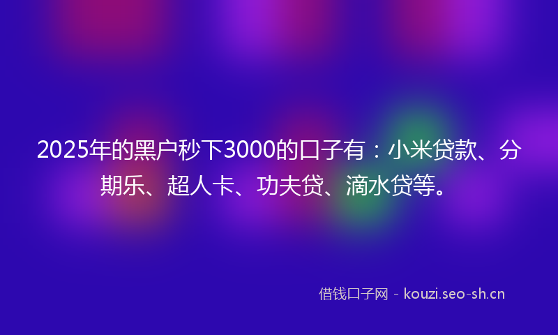 2025年的黑户秒下3000的口子有：小米贷款、分期乐、超人卡、功夫贷、滴水贷等。