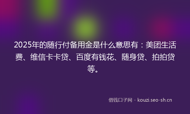 2025年的随行付备用金是什么意思有:美团生活费、维信卡卡贷、百度有钱花、随身贷、拍拍贷等。