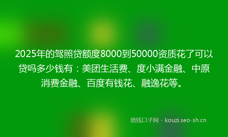 2025年的驾照贷额度8000到50000资质花了可以贷吗多少钱有：美团生活费、度小满金融、中原消费金融、百度有钱花、融逸花等。