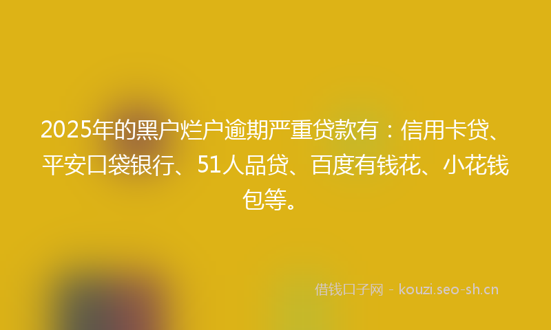 2025年的黑户烂户逾期严重贷款有：信用卡贷、平安口袋银行、51人品贷、百度有钱花、小花钱包等。