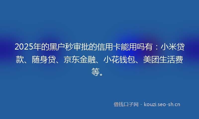 2025年的黑户秒审批的信用卡能用吗有：小米贷款、随身贷、京东金融、小花钱包、美团生活费等。