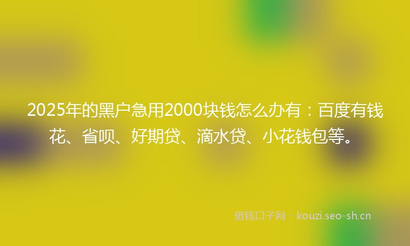 2025年的黑户急用2000块钱怎么办有：百度有钱花、省呗、好期贷、滴水贷、小花钱包等。