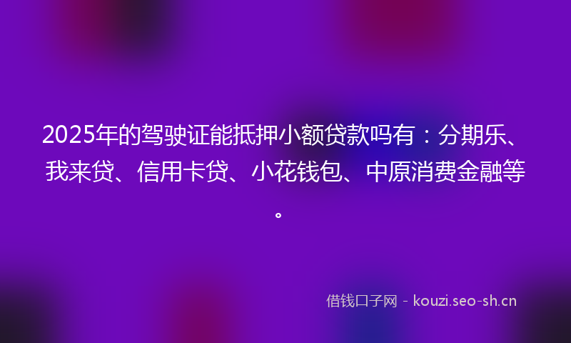 2025年的驾驶证能抵押小额贷款吗有：分期乐、我来贷、信用卡贷、小花钱包、中原消费金融等。