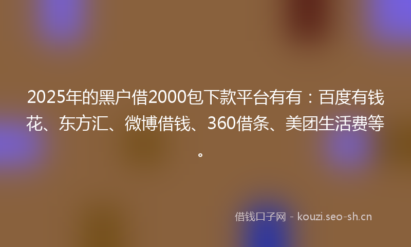 2025年的黑户借2000包下款平台有有：百度有钱花、东方汇、微博借钱、360借条、美团生活费等。