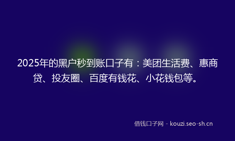2025年的黑户秒到账口子有：美团生活费、惠商贷、投友圈、百度有钱花、小花钱包等。