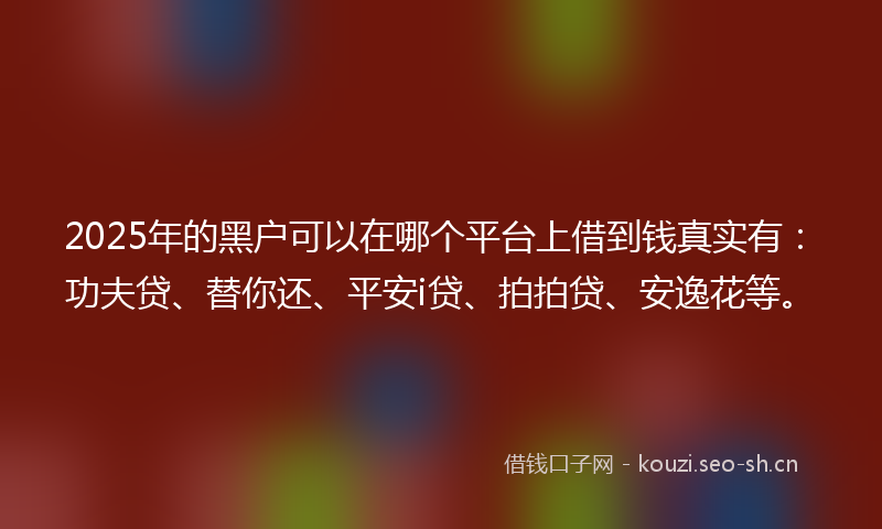 2025年的黑户可以在哪个平台上借到钱真实有:功夫贷、替你还、平安i贷、拍拍贷、安逸花等。
