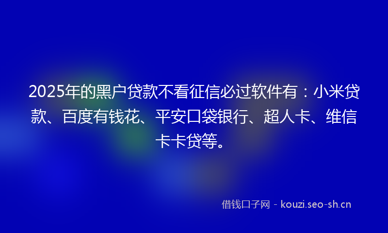 2025年的黑户贷款不看征信必过软件有：小米贷款、百度有钱花、平安口袋银行、超人卡、维信卡卡贷等。