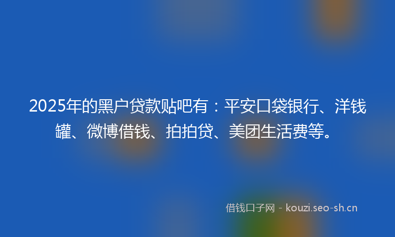 2025年的黑户贷款贴吧有：平安口袋银行、洋钱罐、微博借钱、拍拍贷、美团生活费等。