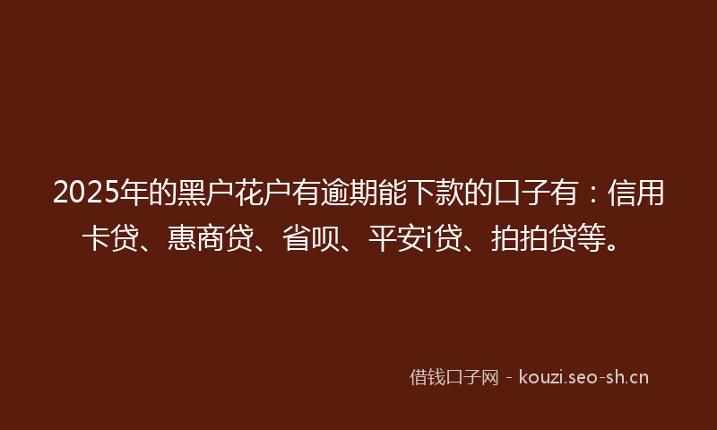 2025年的黑户花户有逾期能下款的口子有：信用卡贷、惠商贷、省呗、平安i贷、拍拍贷等。