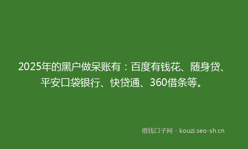 2025年的黑户做呆账有:百度有钱花、随身贷、平安口袋银行、快贷通、360借条等。