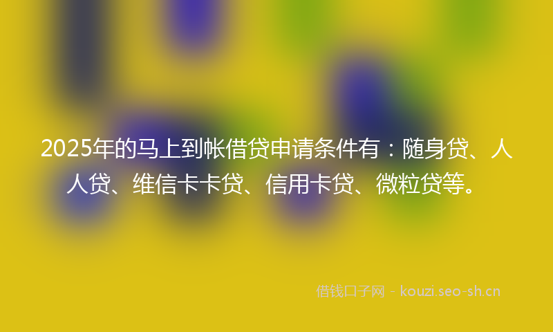 2025年的马上到帐借贷申请条件有：随身贷、人人贷、维信卡卡贷、信用卡贷、微粒贷等。