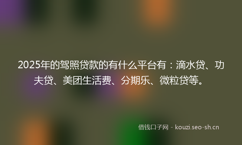 2025年的驾照贷款的有什么平台有：滴水贷、功夫贷、美团生活费、分期乐、微粒贷等。