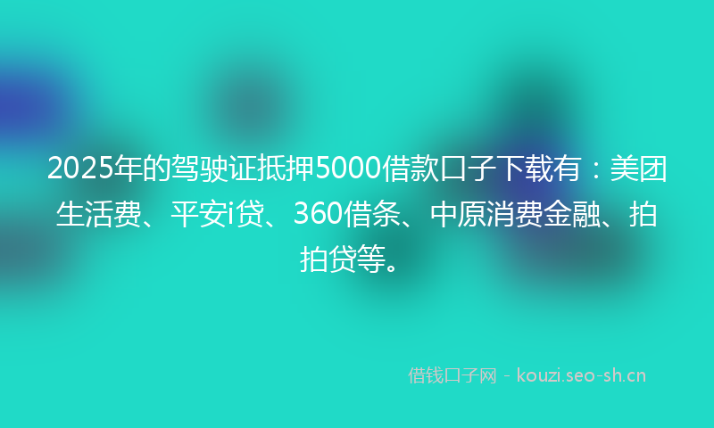 2025年的驾驶证抵押5000借款口子下载有：美团生活费、平安i贷、360借条、中原消费金融、拍拍贷等。