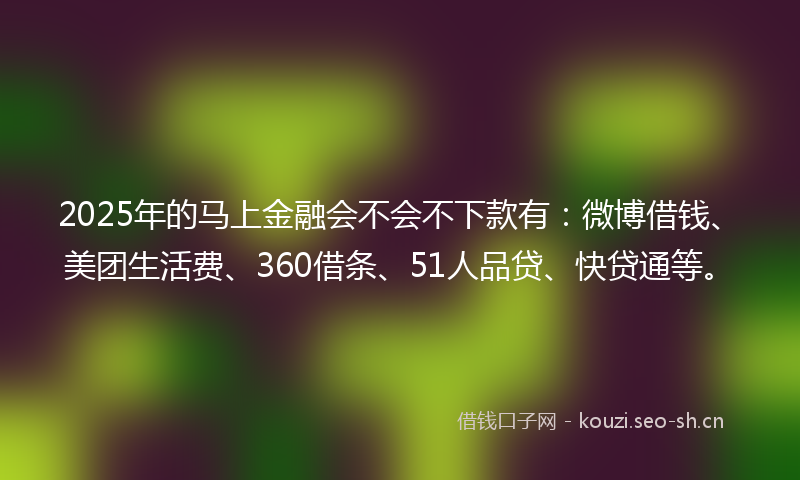 2025年的马上金融会不会不下款有：微博借钱、美团生活费、360借条、51人品贷、快贷通等。