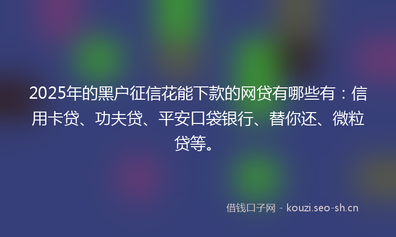 2025年的黑户征信花能下款的网贷有哪些有:信用卡贷、功夫贷、平安口袋银行、替你还、微粒贷等。