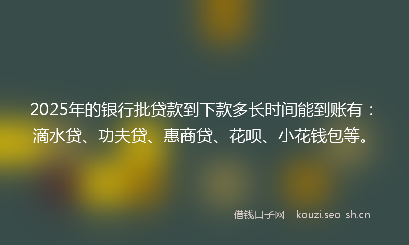 2025年的银行批贷款到下款多长时间能到账有：滴水贷、功夫贷、惠商贷、花呗、小花钱包等。