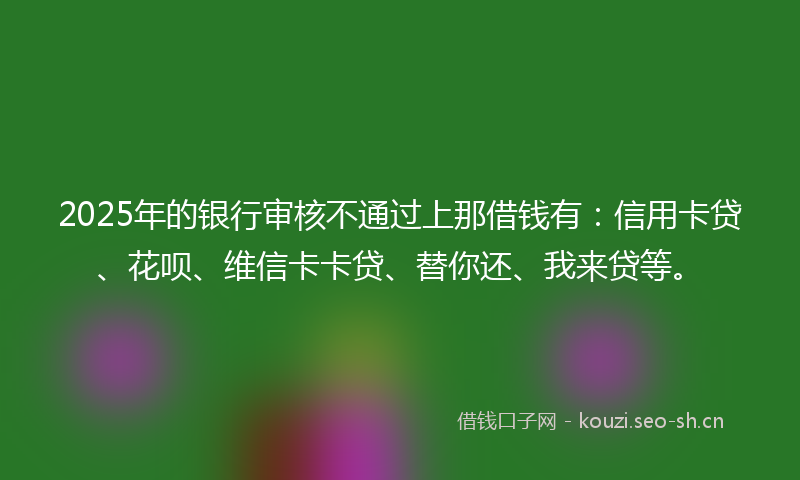 2025年的银行审核不通过上那借钱有：信用卡贷、花呗、维信卡卡贷、替你还、我来贷等。