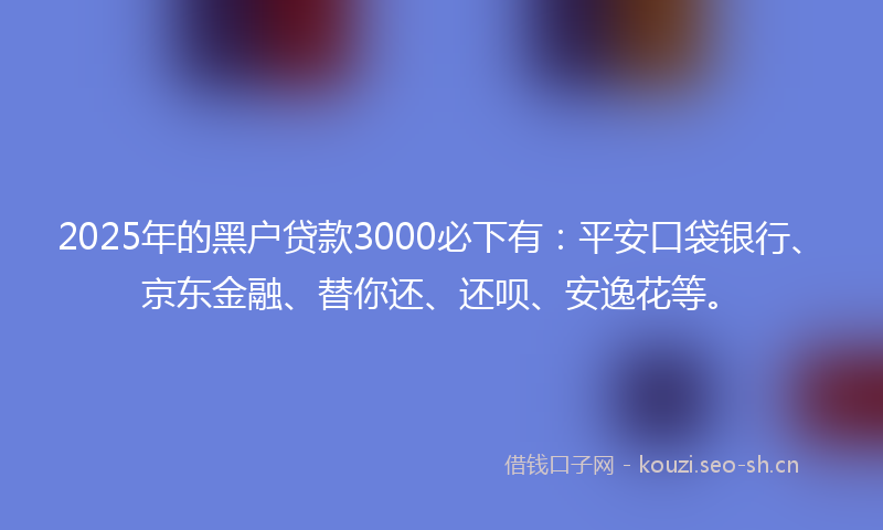 2025年的黑户贷款3000必下有：平安口袋银行、京东金融、替你还、还呗、安逸花等。