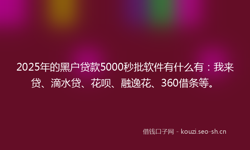 2025年的黑户贷款5000秒批软件有什么有：我来贷、滴水贷、花呗、融逸花、360借条等。