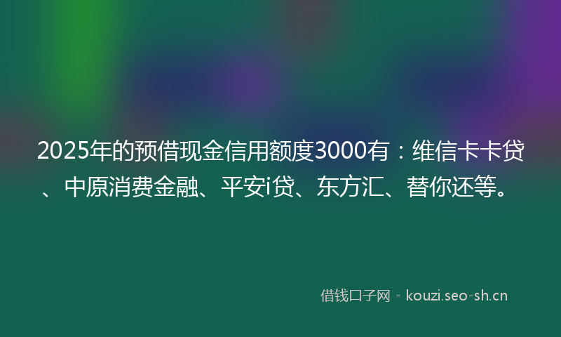 2025年的预借现金信用额度3000有：维信卡卡贷、中原消费金融、平安i贷、东方汇、替你还等。